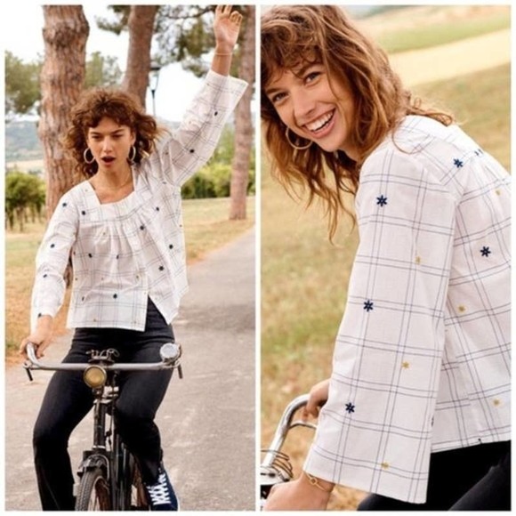 MADEWELL Windowpane Embroidered Boho Square Neck Button Down Blouse SMALL - Picture 3 of 9